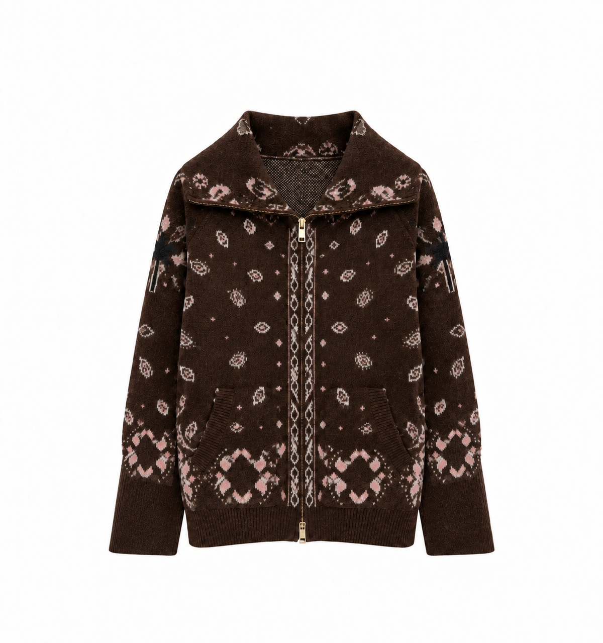 Knit Zip Up Cardigan- Chocolate/pink