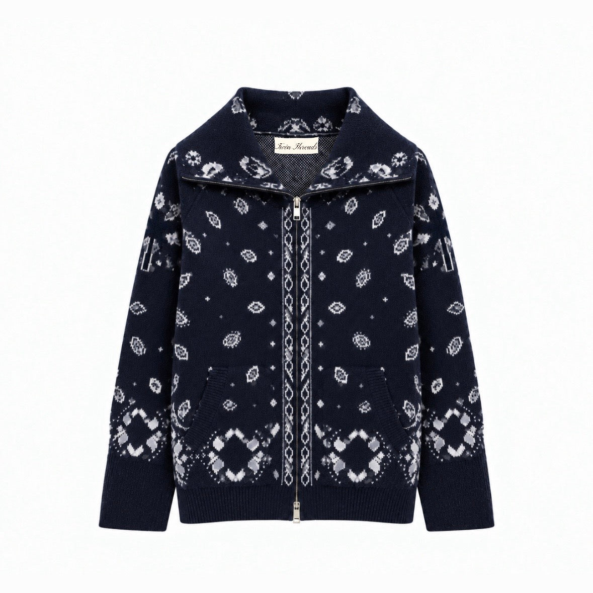 Knit Zip Up Cardigan- Navy/grey